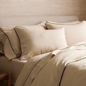 Oat/Espresso Full/Queen European Linen Piped Duvet Cover Set